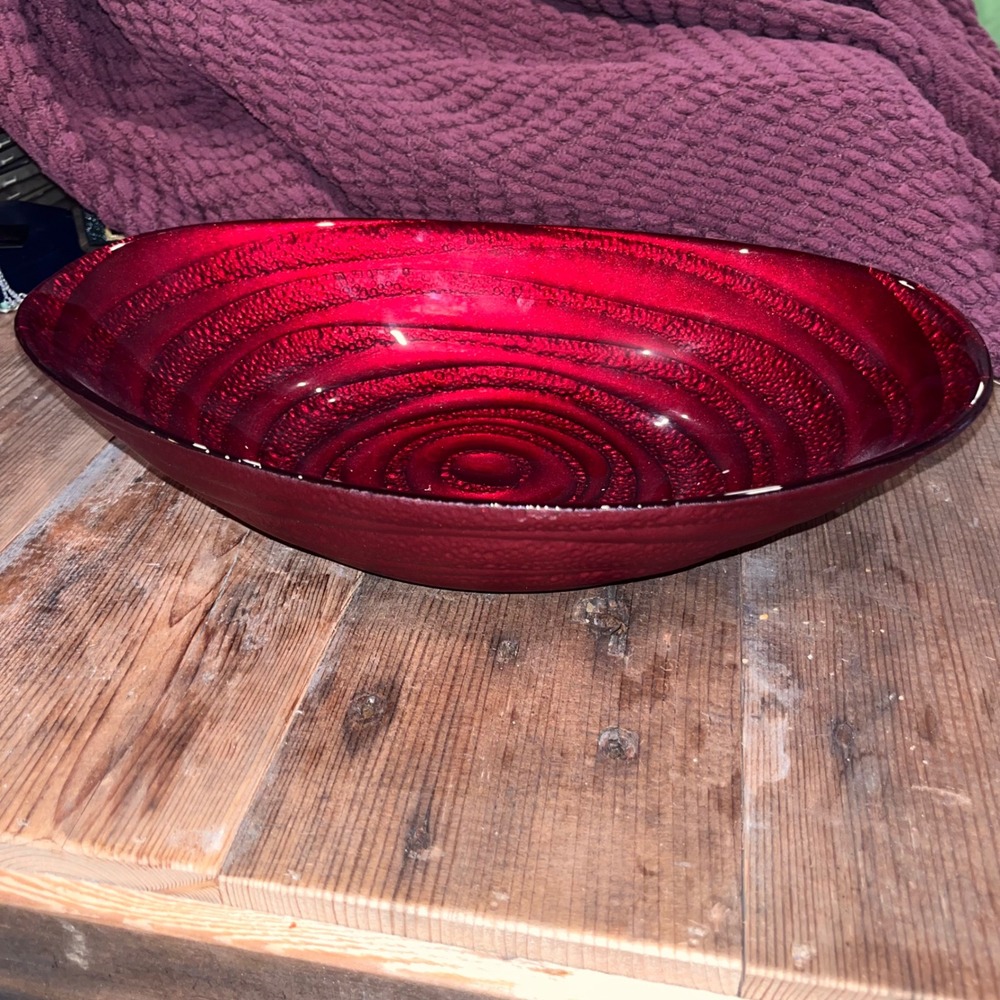 Ruby Red Art Glass Oval Bowl Bubble Swirl Textured Centerpiece 12 Inch